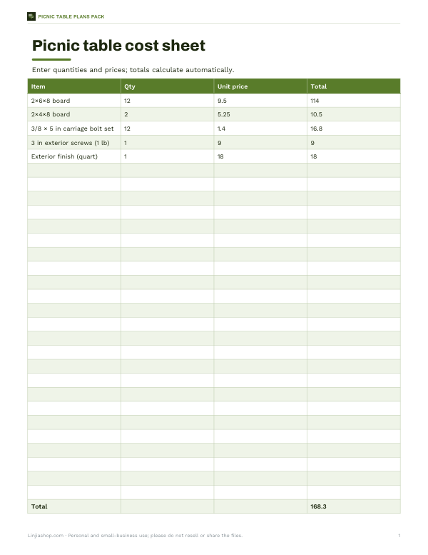 Preview of Printable Picnic Table Cost Sheet