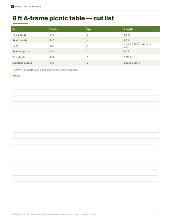 Preview of Printable 8 Ft Picnic Table Cut List